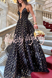 Charming View Chiffon Gold Polka Dot Print Cutout Lightweight Maxi Dress