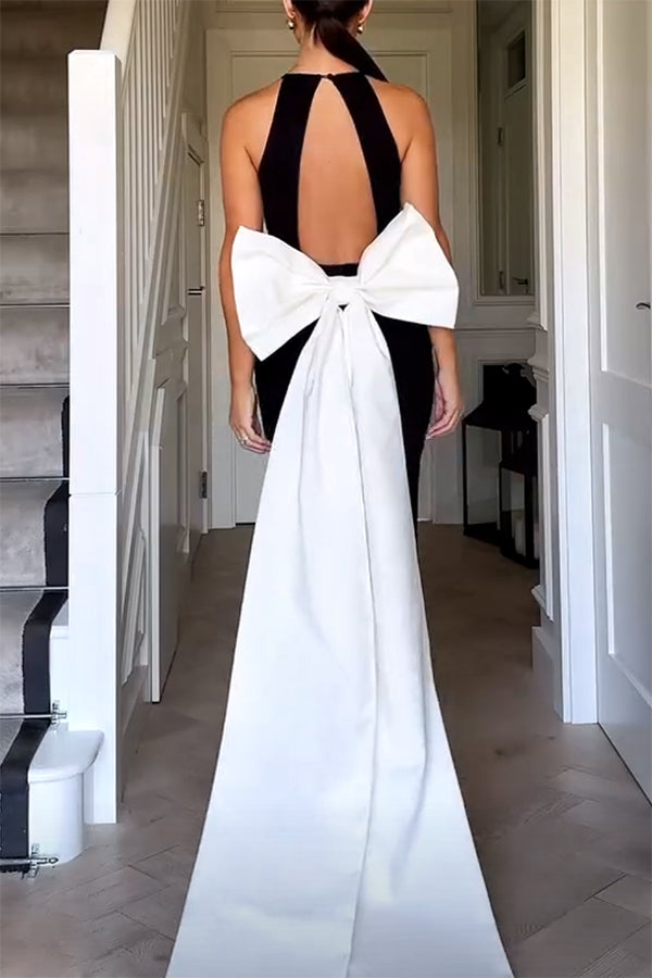 Statement Chic Racer Neck Back Oversized Bow Hem Backless Maxi Dress