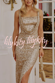 Glitzy Gala Sequin Draped Neckline Back Tie-up Ruched Slit Maxi Dress