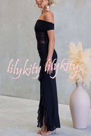 Sexy Mesh Off-shoulder Slim Fit Ruffled Slit Maxi Dress