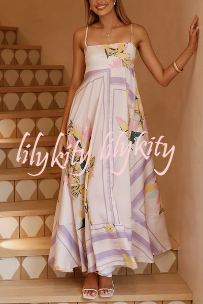 Botanical Print Square Neck Suspender Casual Full Hem Maxi Dress