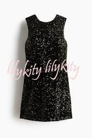 Glam Season Velvet Sequin Back Oversized Bow Design Sleeveless Loose Mini Dress