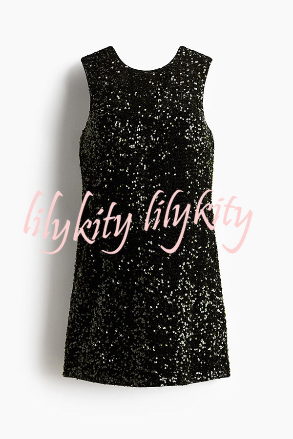 Glam Season Velvet Sequin Back Oversized Bow Design Sleeveless Loose Mini Dress