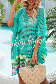 Color Block V Neck Slit Hollow Short Sleeved Knitted Cover Up
