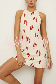 Spicy Summer Chili Pepper Unique Print Soft Fabric Halter Loose Mini Dress