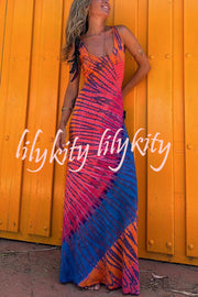 La Bamba Tie-dye Print Back Lace-up Stretch Maxi Dress