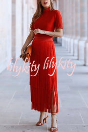 Elegant Tassel Hem Elastic Waist Casual Maxi Skirt