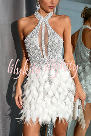 Stylish Sequined Sleeveless Feather-embellished Slim-fit Mini Dress