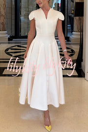 Solid Color V-neck Waist Elegant Full Hem Maxi Dress
