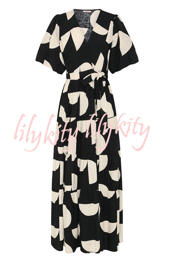 Unique Printed V-neck Puff Sleeves Tie Waist Midi Dress