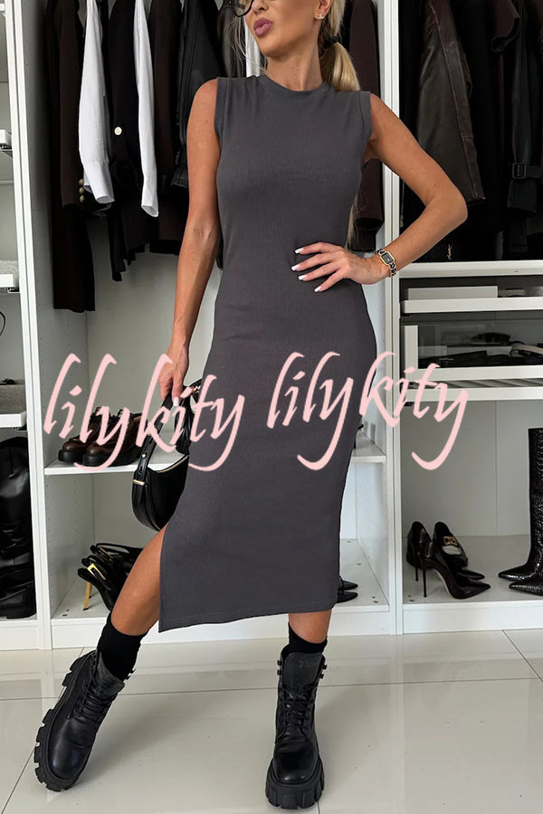 Lifestyle Wide Neck Relaxed Sweatshirt and Ribbed Tank Stretch Midi Dress Set