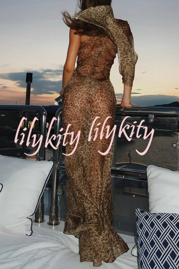 Leopard Print One Sleeve Sexy See-Through Fit Maxi Dress