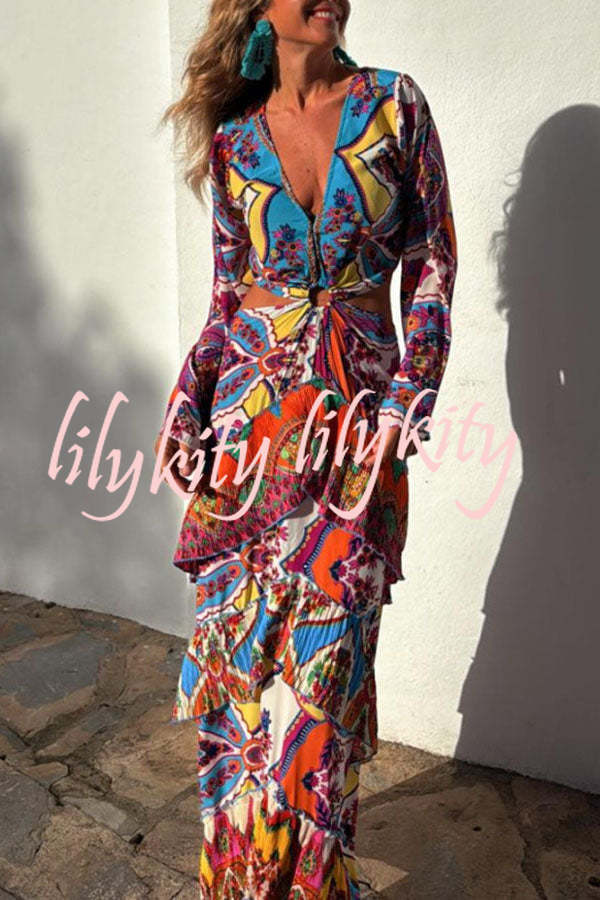 Colorful Day Unique Print Bell Sleeve Cutout Waist Layered Maxi Dress