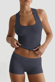 Fashionable Sports Yoga Style Sleeveless Square Neck Top and Elastic Slim Shorts Set