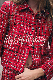 Tweed Plaid Textured Long-sleeved Casual Pocket Jacket