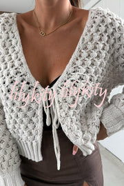 Marin Knit Hollow Texture Tie-up Neck Balloon Sleeve Relaxed Cardigan