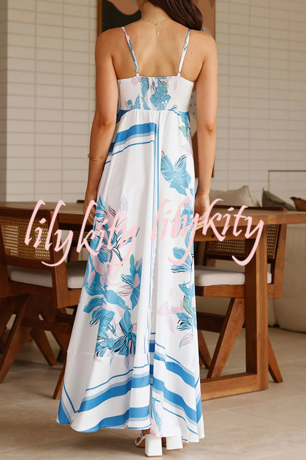 Botanical Print Halter Square Neck Pleated Loose Maxi Dress