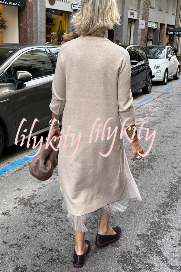 Jollie Knit Long Sleeve Front Slit Midi Sweater and Pleated Tulle Stretch Tank Midi Dress Two-piece Set