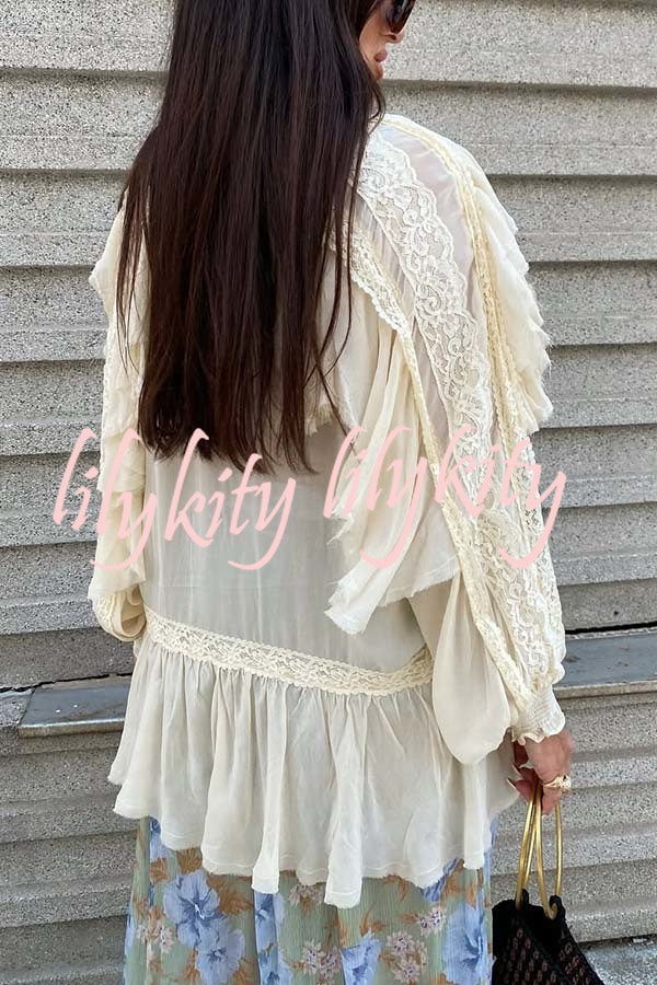 Autumn Boho Chiffon Lace Trim Ruffle Balloon Sleeve Blouse