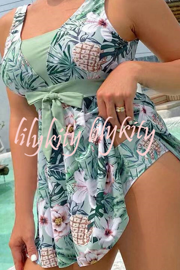 Cheerful Floral Print Bow Detail Tankini Swimsuit Set