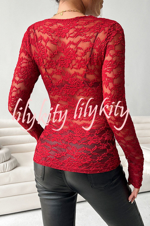 Solid Color Lace V-neck Long-sleeved Slim-fit Top