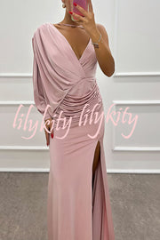 Like Venus One Shoulder Bat Sleeve Ruched Detail Slit Gown Maxi Dress