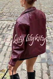 Y2K Burgundy Faux Leather Pocketed Zipper Loose Jacket