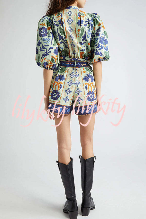 Elouise Linen Blend Unique Print Button Puff Sleeves Tie-up Pocketed Romper