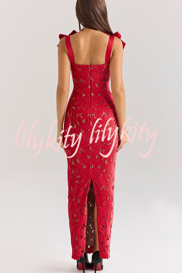 Holiday Intimacy Embroidered Floral Lace Bow Shoulder Straps Slit Maxi Dress