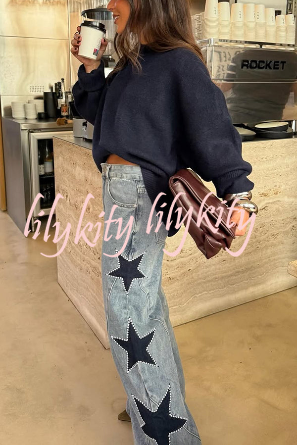 Jessy Denim Mid Rise Side Star Pattern Pocket Wide Leg Jeans
