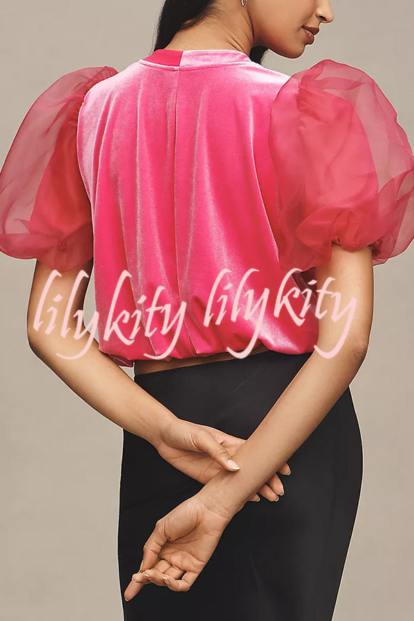 Blissful Smile Velvet Tulle Puff Sleeve Loose Blouse