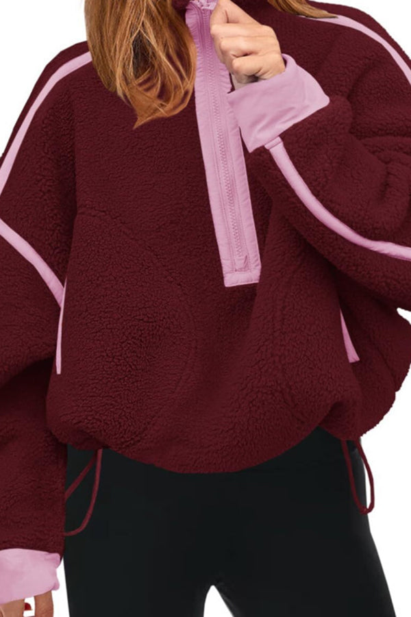 Stylish Color-blocked Trim Loose Casual Pocket Sweatshirt