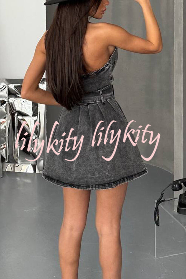 Fashionable Halterneck Open-back Belted Denim Mini Dress