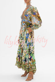 Fairy Tale Print V-Neck Lantern Sleeve Waist Maxi Dress
