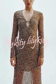 Fashion Sequined Hollow V-neck Long-sleeved Holiday Midi Dress