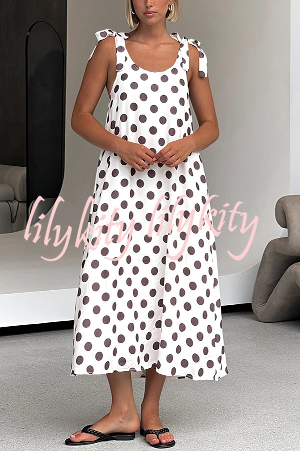 Polka Dot Print Suspenders Strappy Backless Loose Pocket Midi Dress