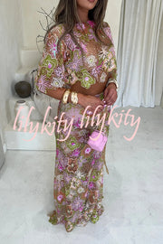 Fashionable Embroidered Flower Sequined Crop Top and Elegant Sheer Maxi Skirt Set