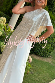 Party Favors Sequin One Shoulder Ruffle Detail Wide Leg Evening Jumpsuit