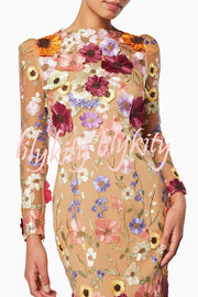 Dignified and Refined Charm Embroidered Floral Applique Long Sleeve Fish Tail Midi Dress