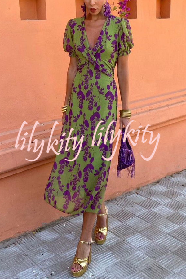 Botanical Print V-neck Puff Sleeve Tie Waist Midi Dress