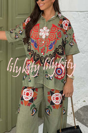 Fiji Ethnic Unique Printed Casual Shirt and Elastic Waist Wide Leg Pants Set