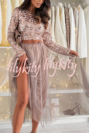 Holiday Party Sequin Long Sleeve Back Satin Tie-up Crop Top