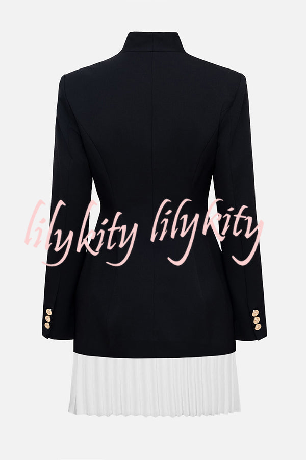 Fashionable Contrast Color Elegant Long Sleeve Pleated Suit Mini Dress