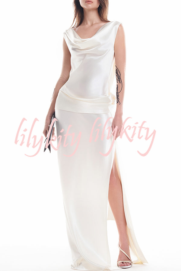 Darling Satin Cowl Neck 3D Rose Detail Backless Slit Drape Maxi Dress