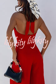 Easy Mode Cross-neck Halter Strap Backless Wide Leg Jumpsuit