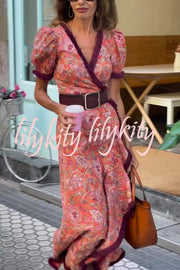 Bohemian Floral Print Elegant Puff Sleeve Holiday Maxi Dress