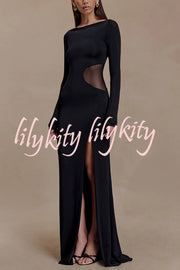 Fashion Long-sleeved Slim Sexy Hollow Slit Maxi Dress