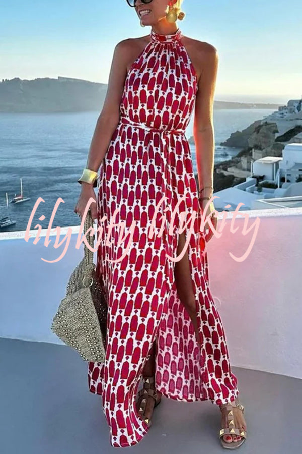 Unique Printed Sleeveless Halterneck Tie-waist Slit Maxi Dress