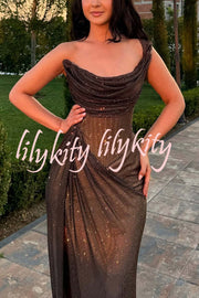 Glitzy Gala Glitter Fabric One Shoulder Ruched Slit Maxi Dress