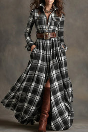 Retro Plaid Print Lapel Long-sleeved Pocket Maxi Dress